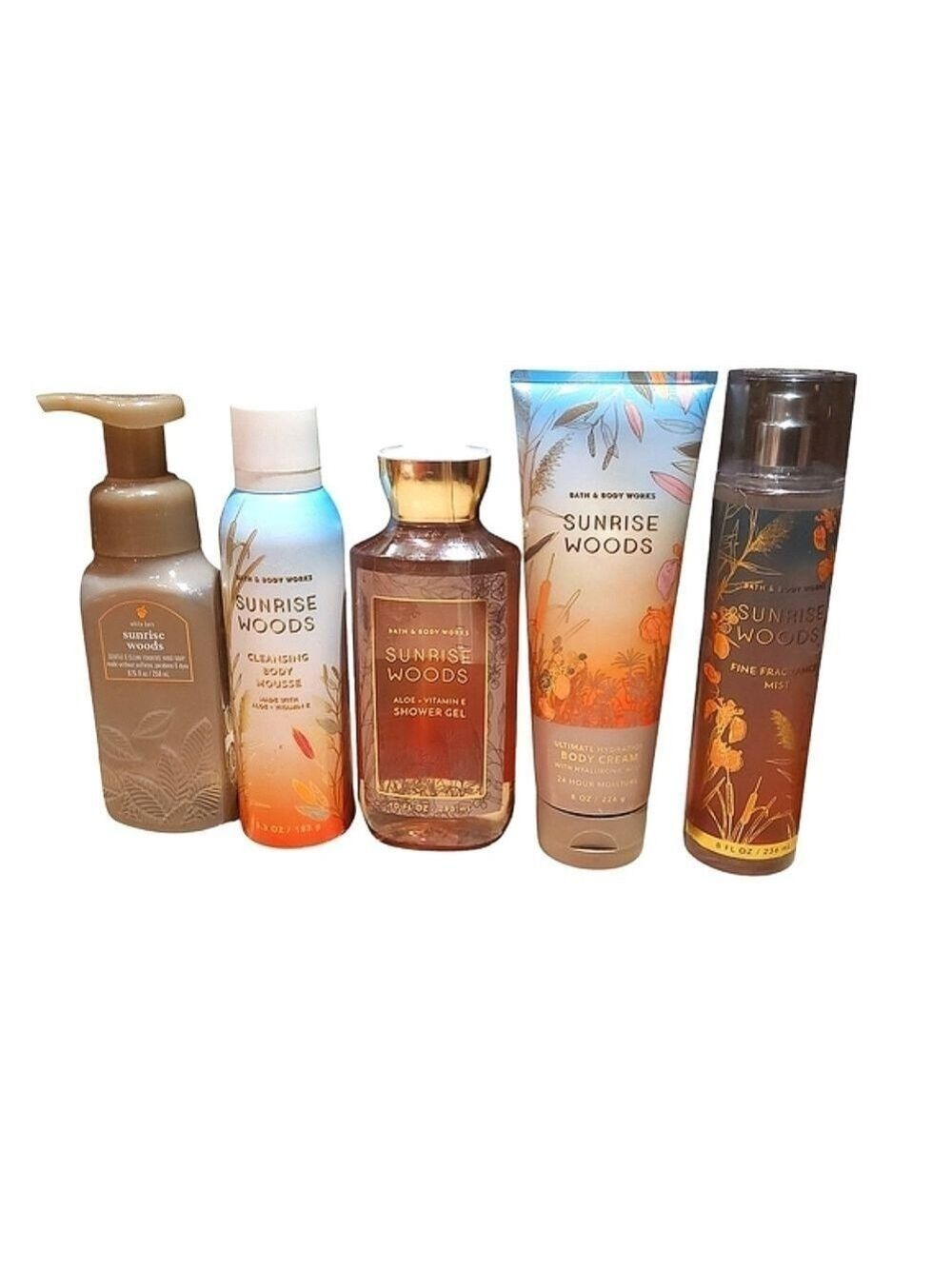 SUNRISE WOODS BATH & BODY SET BODY WASH, CREAM, SOAP, MOUSSE, FRAGRANCE MIST
